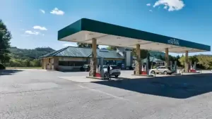 An exterior view of a gas station
