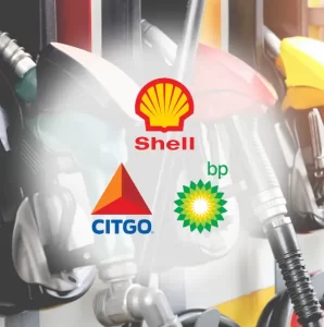 A gas pump with a Citgo, Shell and BP logo in front